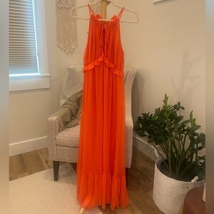 She + Sky Orange Maxi Dress High Waist Ruffle Hem Adjustable Straps Medium